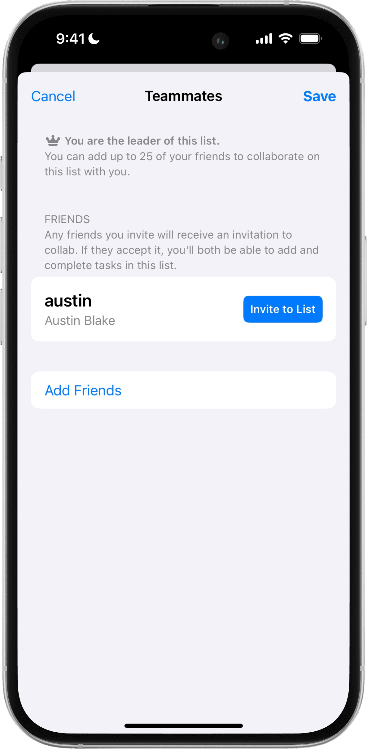The Teammates screen in Stuff, inviting a friend to collaborate on a list